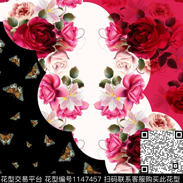 方巾手绘玫瑰蝴蝶数码印花华亿平台下载（图片编号: 1147457） - 瓦栏（Walan）