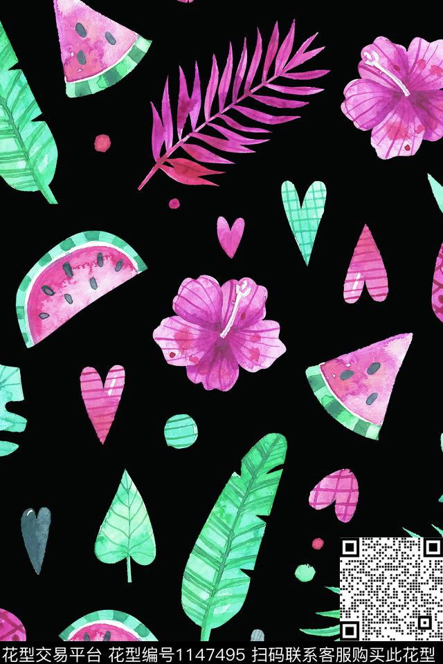 热带华亿平台散点排列手绘水果数码印花华亿平台下载（图片编号: 1147495） - 瓦栏（Walan）