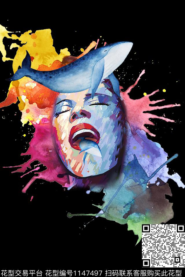 抽象鲸鱼人物数码印花华亿平台下载（图片编号: 1147497） - 瓦栏（Walan）