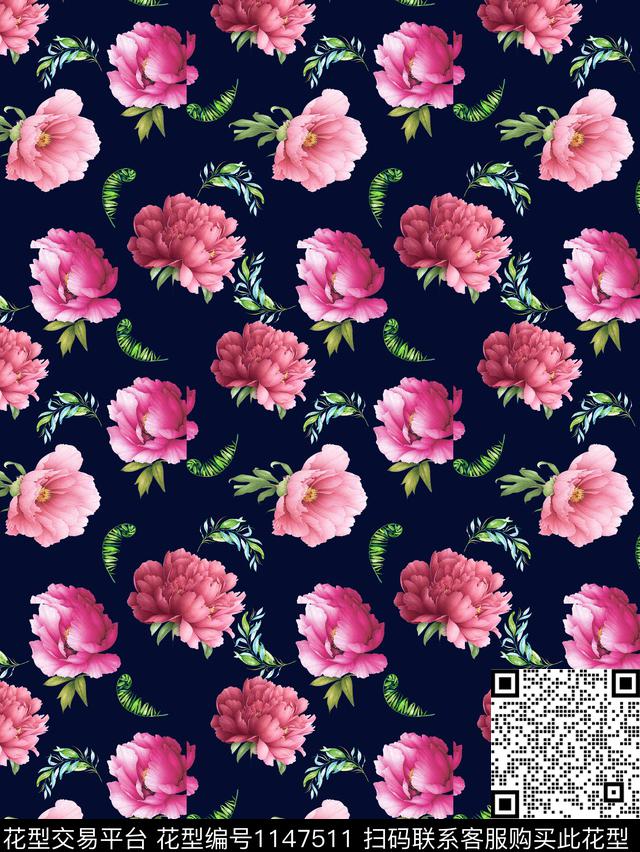 黑底花卉时尚女装数码印花华亿平台下载（图片编号: 1147511） - 瓦栏（Walan）