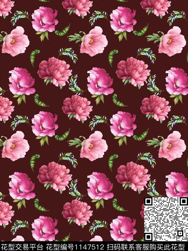 黑底花卉时尚女装数码印花华亿平台下载（图片编号: 1147512） - 瓦栏（Walan）
