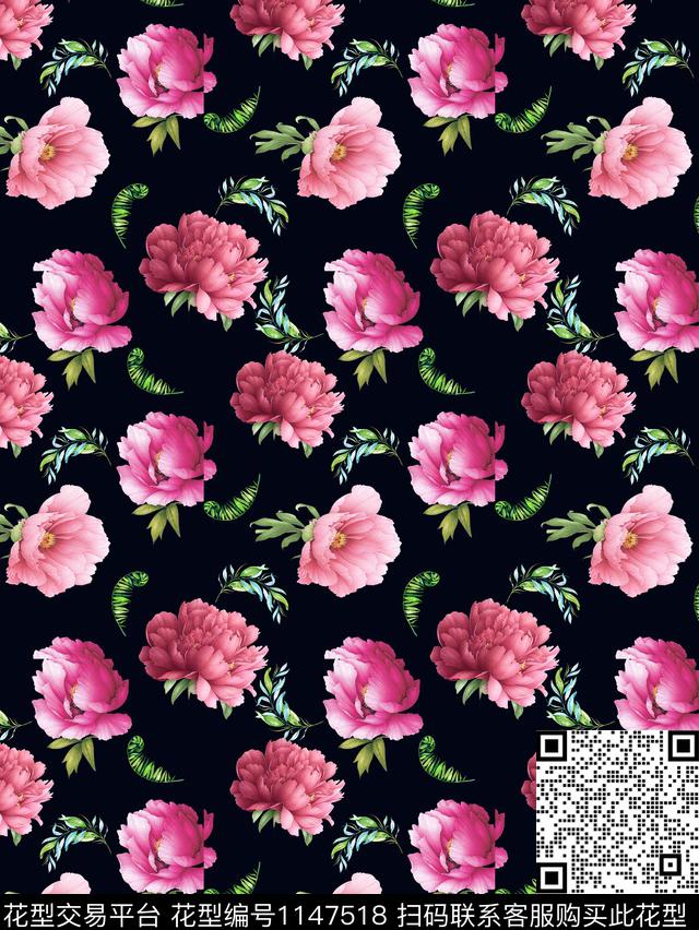 黑底花卉时尚女装数码印花华亿平台下载（图片编号: 1147518） - 瓦栏（Walan）
