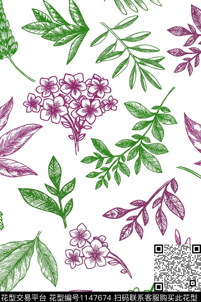 线条花卉淑女精致数码印花华亿平台下载（图片编号: 1147674） - 瓦栏（Walan）