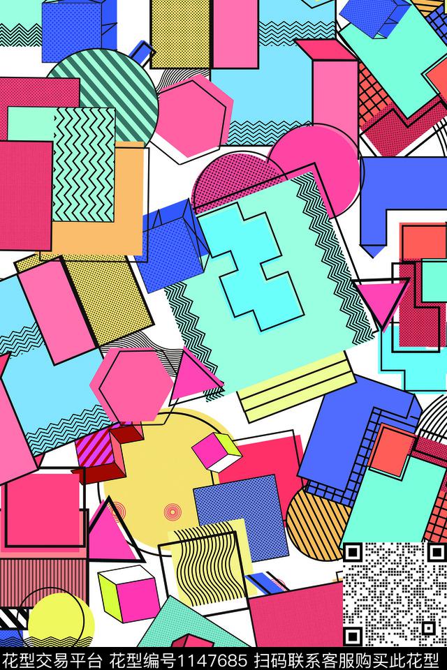 孟菲斯几何艺术线条数码印花华亿平台下载（图片编号: 1147685） - 瓦栏（Walan）