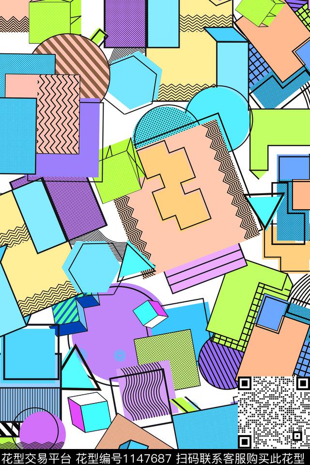 孟菲斯几何艺术线条数码印花华亿平台下载（图片编号: 1147687） - 瓦栏（Walan）