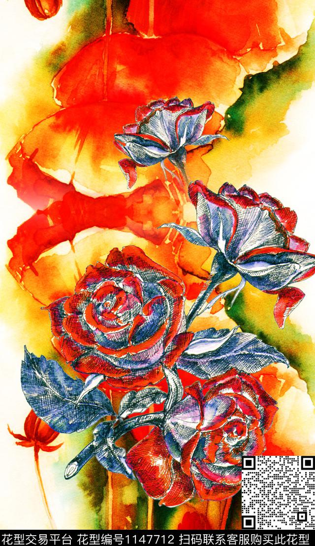 笔触肌理大花数码印花华亿平台下载（图片编号: 1147712） - 瓦栏（Walan）
