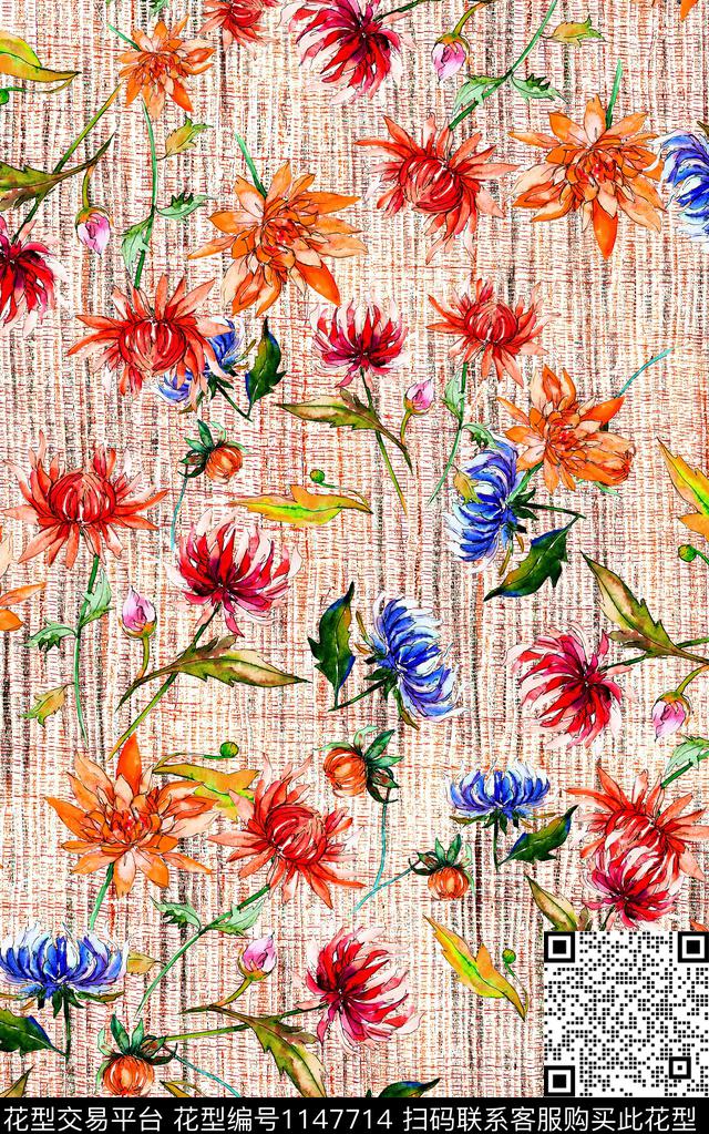 笔触肌理花卉数码印花华亿平台下载（图片编号: 1147714） - 瓦栏（Walan）