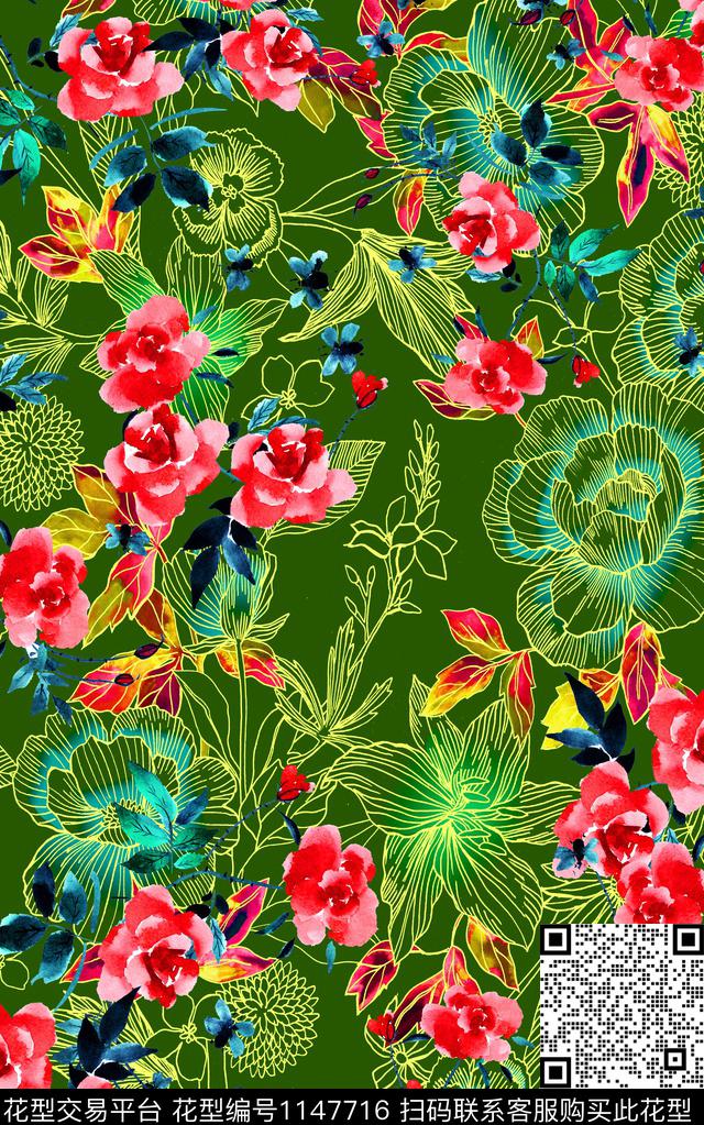 笔触肌理花卉数码印花华亿平台下载（图片编号: 1147716） - 瓦栏（Walan）