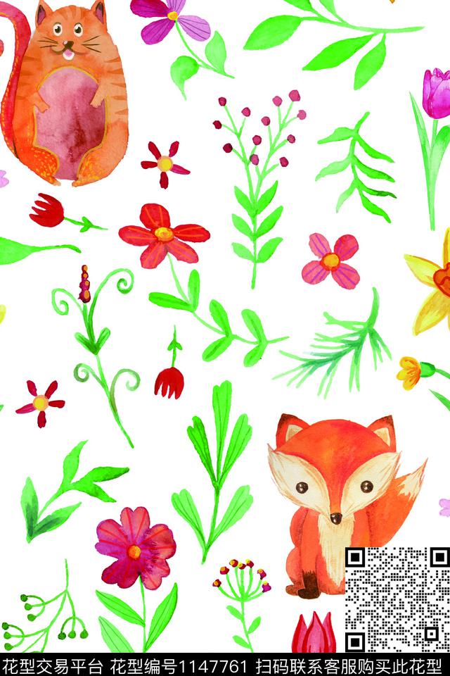 可爱动物手绘花卉数码印花华亿平台下载（图片编号: 1147761） - 瓦栏（Walan）