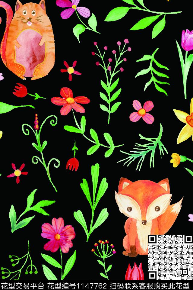 可爱动物手绘花卉数码印花华亿平台下载（图片编号: 1147762） - 瓦栏（Walan）