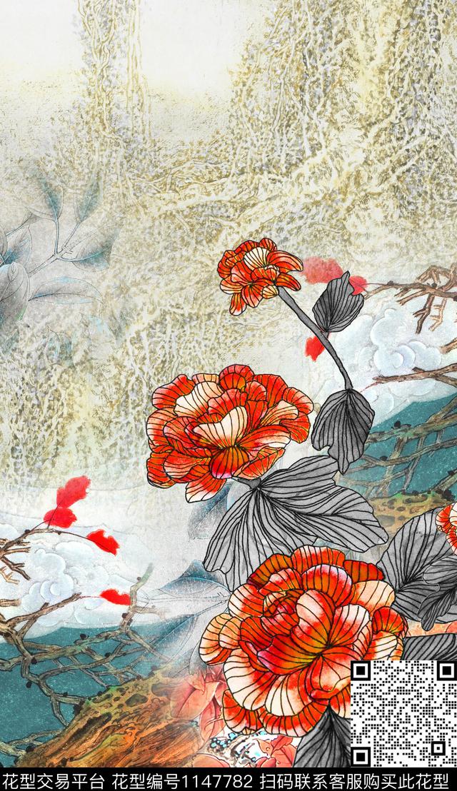 笔触肌理中国风数码印花华亿平台下载（图片编号: 1147782） - 瓦栏（Walan）