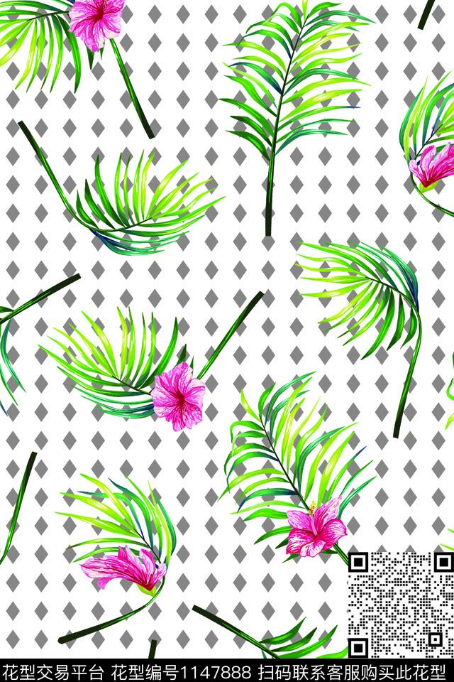 风格化花卉波点绿植树叶数码印花华亿平台下载（图片编号: 1147888） - 瓦栏（Walan）
