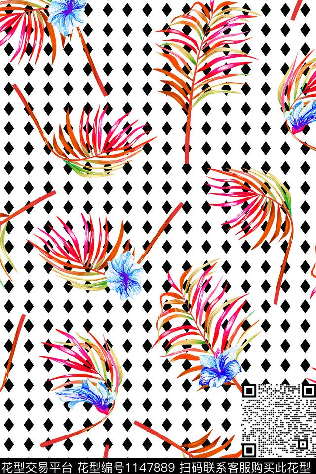 风格化花卉波点绿植树叶数码印花华亿平台下载（图片编号: 1147889） - 瓦栏（Walan）