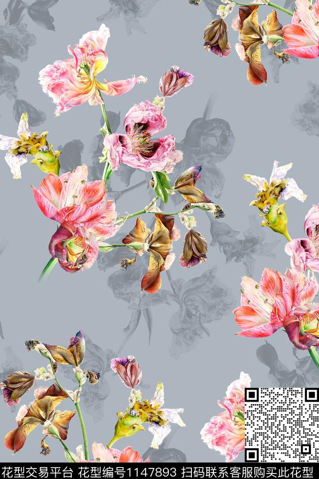 手绘时尚水彩花卉数码印花华亿平台下载（图片编号: 1147893） - 瓦栏（Walan）