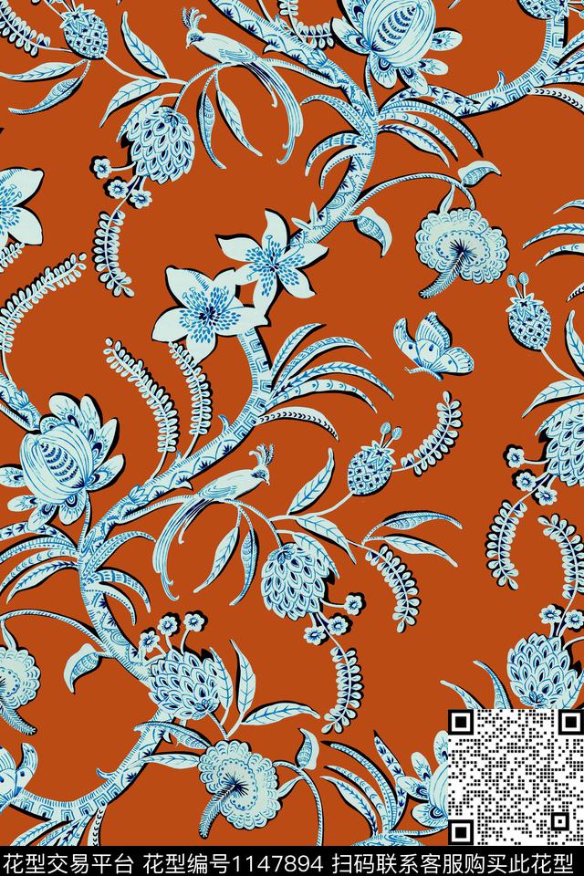 手绘几何花卉传统华亿平台传统印花华亿平台下载（图片编号: 1147894） - 瓦栏（Walan）