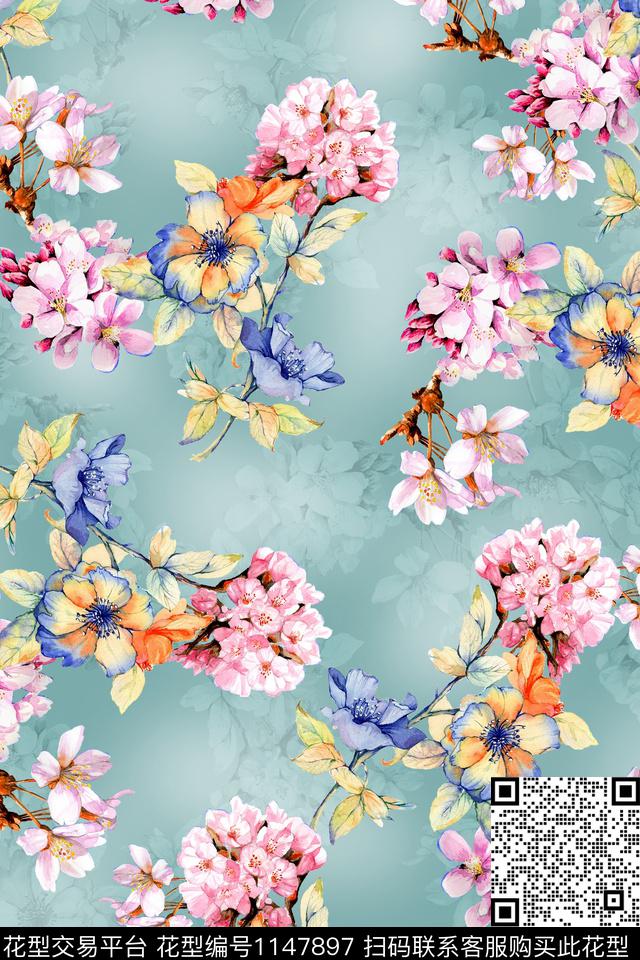 手绘时尚水彩花卉数码印花华亿平台下载（图片编号: 1147897） - 瓦栏（Walan）