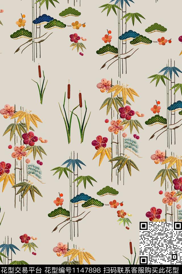 手绘时尚花卉数码印花华亿平台下载（图片编号: 1147898） - 瓦栏（Walan）