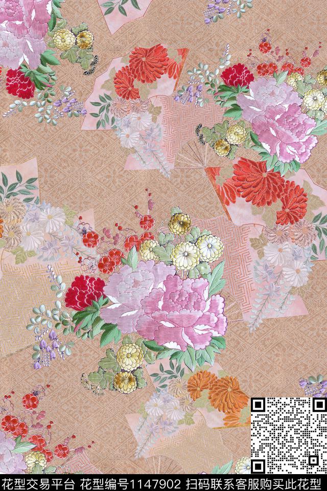 纹理时尚手绘花卉数码印花华亿平台下载（图片编号: 1147902） - 瓦栏（Walan）