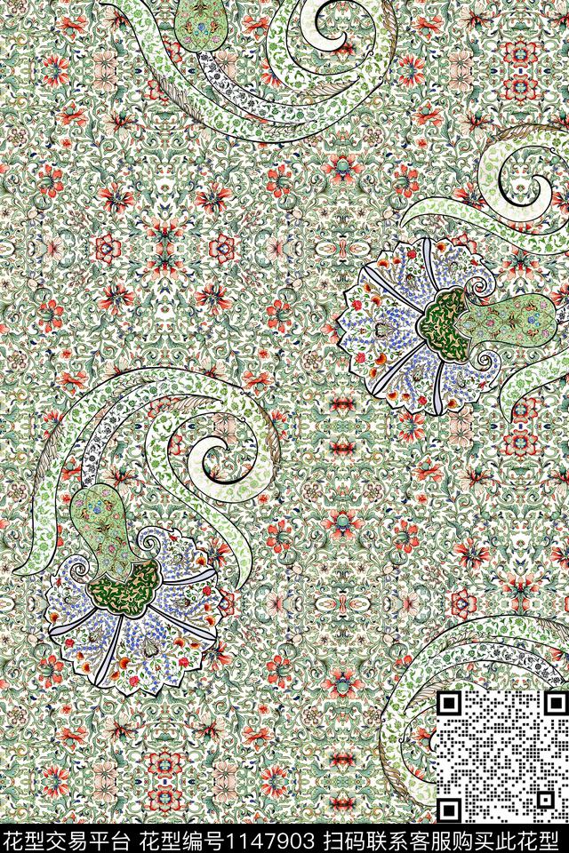 古典花纹卷草几何数码印花华亿平台下载（图片编号: 1147903） - 瓦栏（Walan）