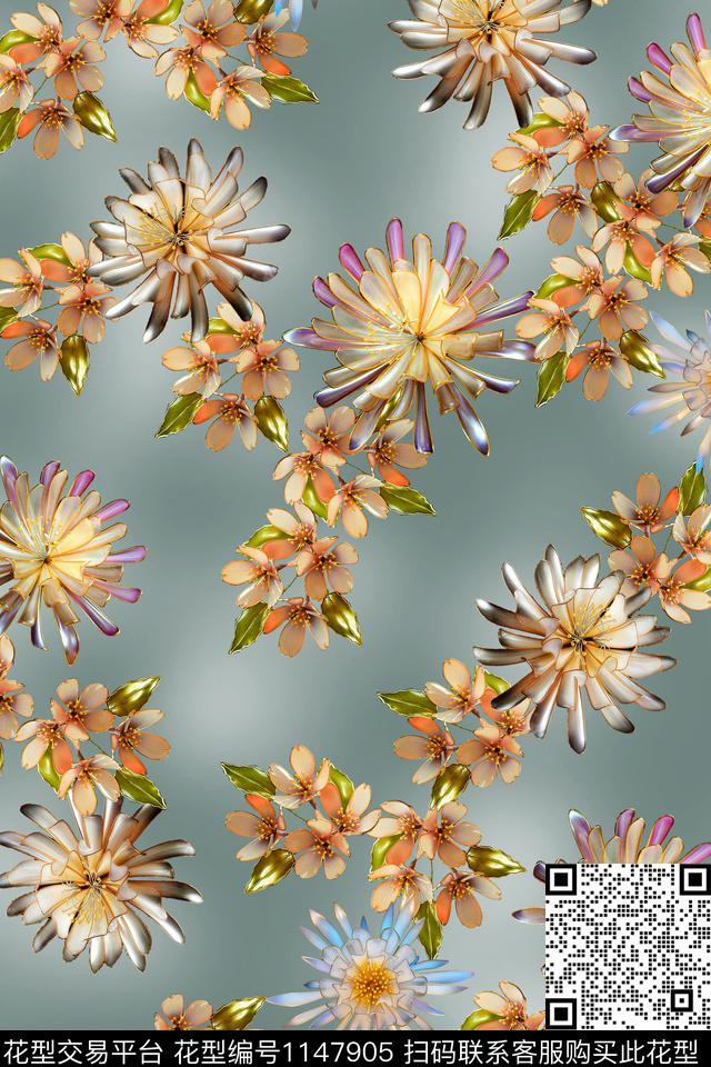 手绘时尚水晶花数码印花华亿平台下载（图片编号: 1147905） - 瓦栏（Walan）