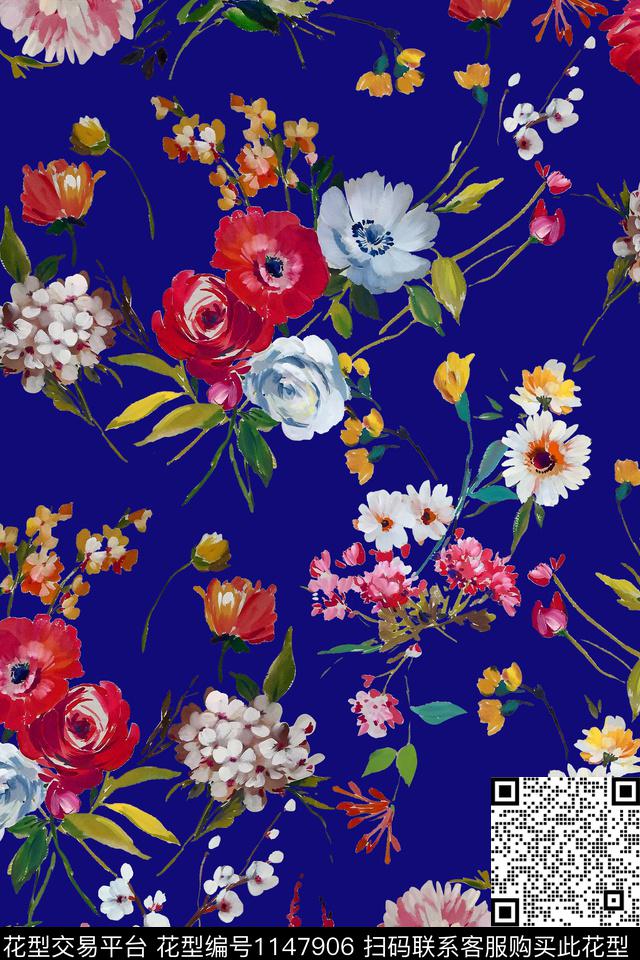 手绘时尚水彩花卉数码印花华亿平台下载（图片编号: 1147906） - 瓦栏（Walan）