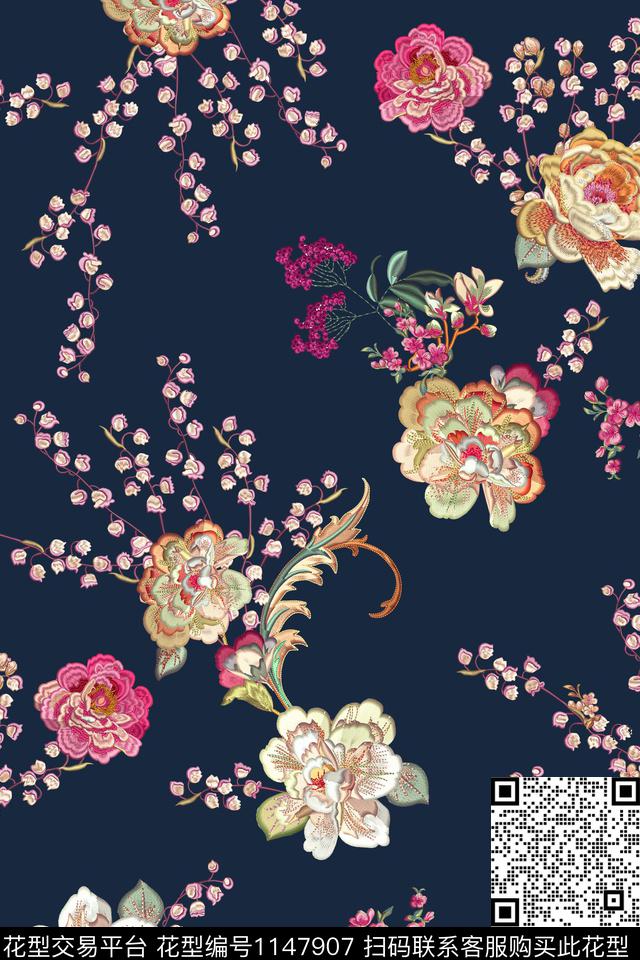 手绘时尚花卉数码印花华亿平台下载（图片编号: 1147907） - 瓦栏（Walan）