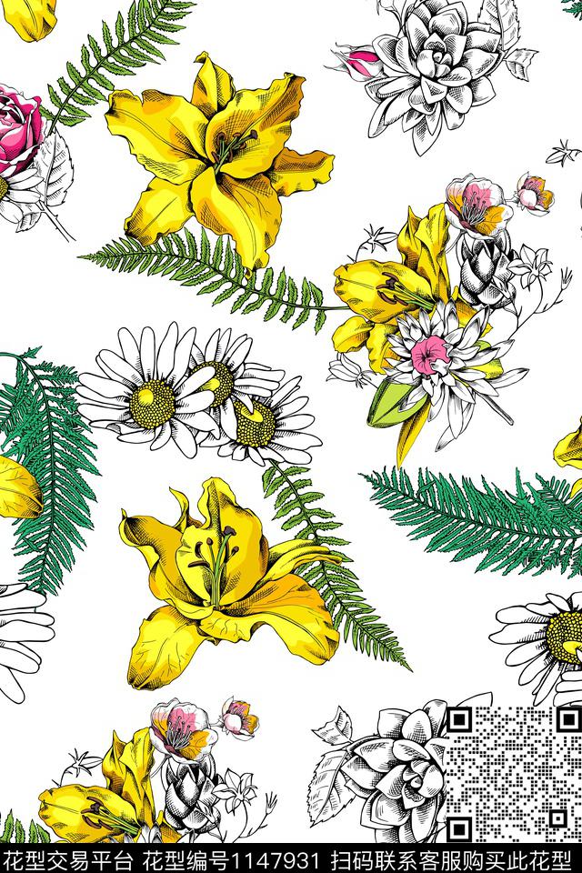 温室花卉手绘清爽底花卉数码印花华亿平台下载（图片编号: 1147931） - 瓦栏（Walan）