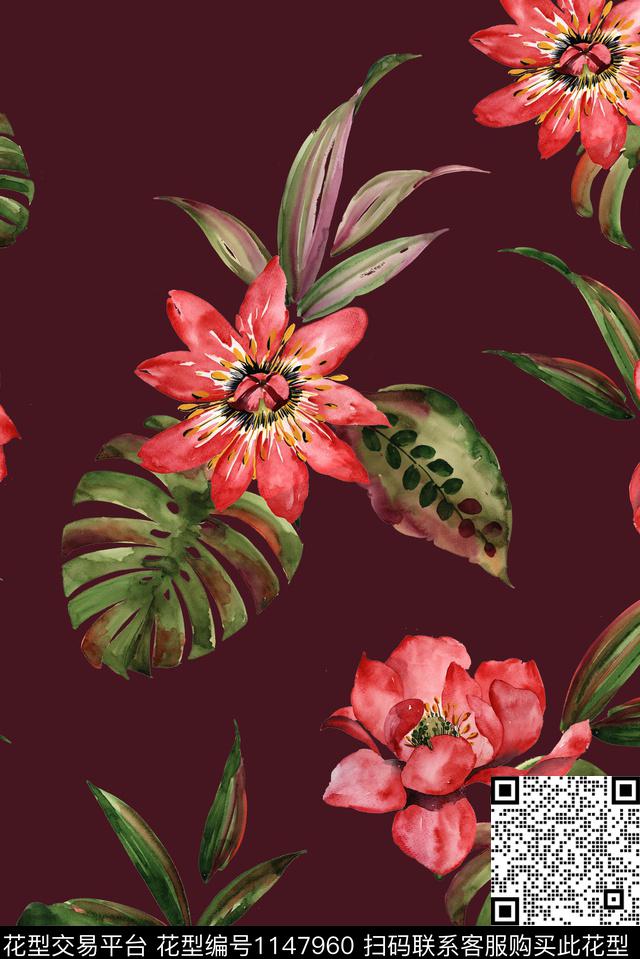 大牌风手绘花卉数码华亿平台数码印花华亿平台下载（图片编号: 1147960） - 瓦栏（Walan）