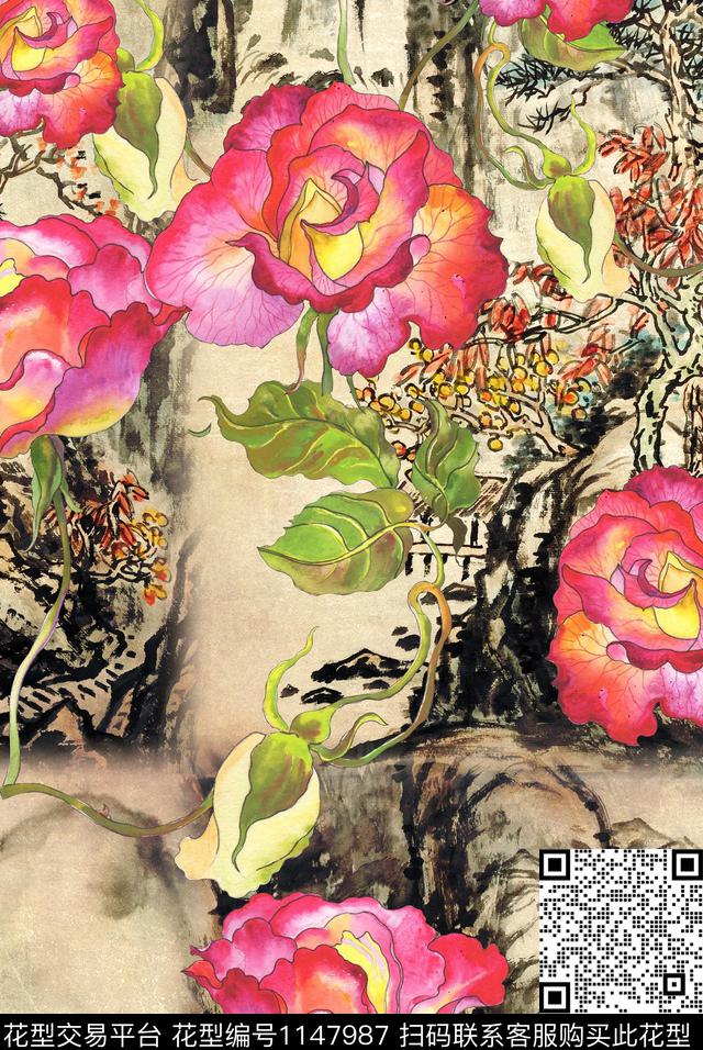 手绘复古花卉数码印花华亿平台下载（图片编号: 1147987） - 瓦栏（Walan）