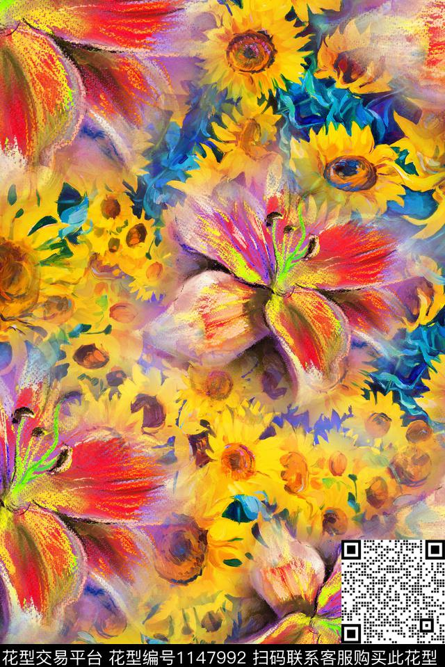 手绘复古花卉数码印花华亿平台下载（图片编号: 1147992） - 瓦栏（Walan）