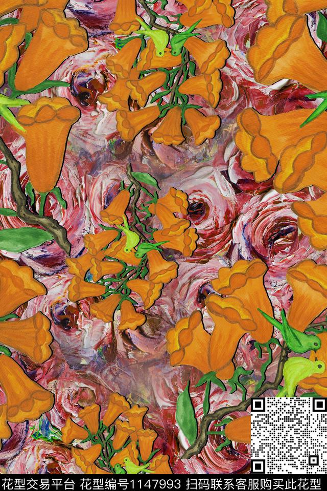手绘复古花卉数码印花华亿平台下载（图片编号: 1147993） - 瓦栏（Walan）