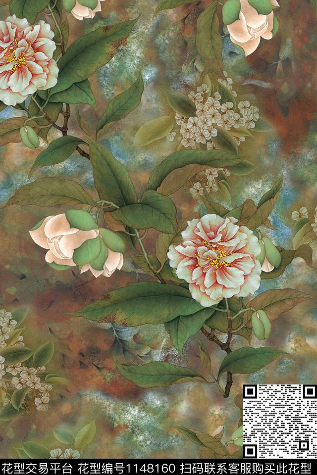 水彩花卉中国风数码印花华亿平台下载（图片编号: 1148160） - 瓦栏（Walan）