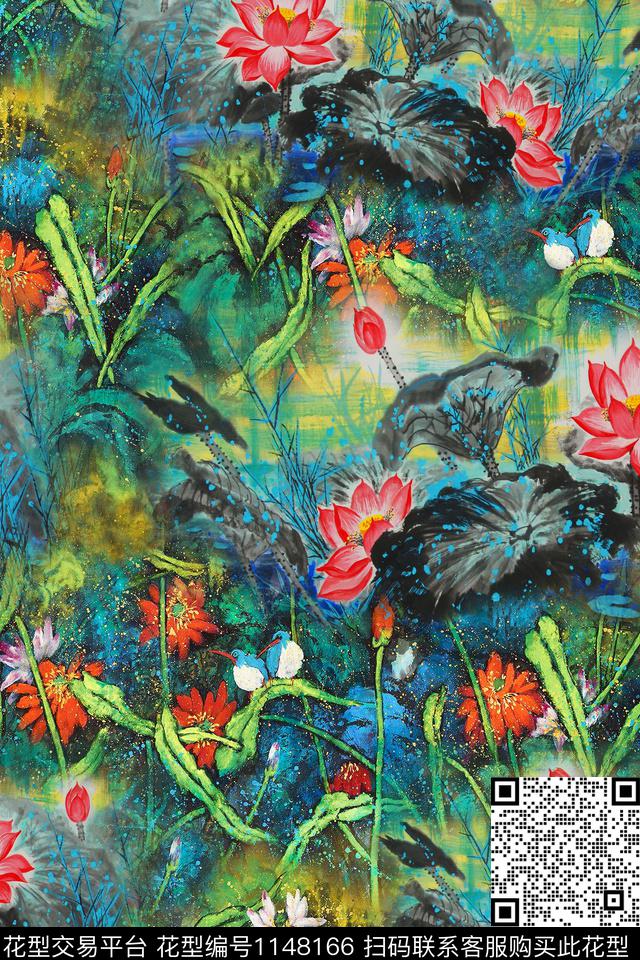 水彩花卉中国风数码印花华亿平台下载（图片编号: 1148166） - 瓦栏（Walan）