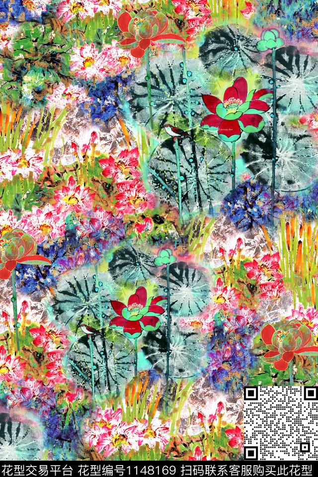 水彩花卉中国风数码印花华亿平台下载（图片编号: 1148169） - 瓦栏（Walan）