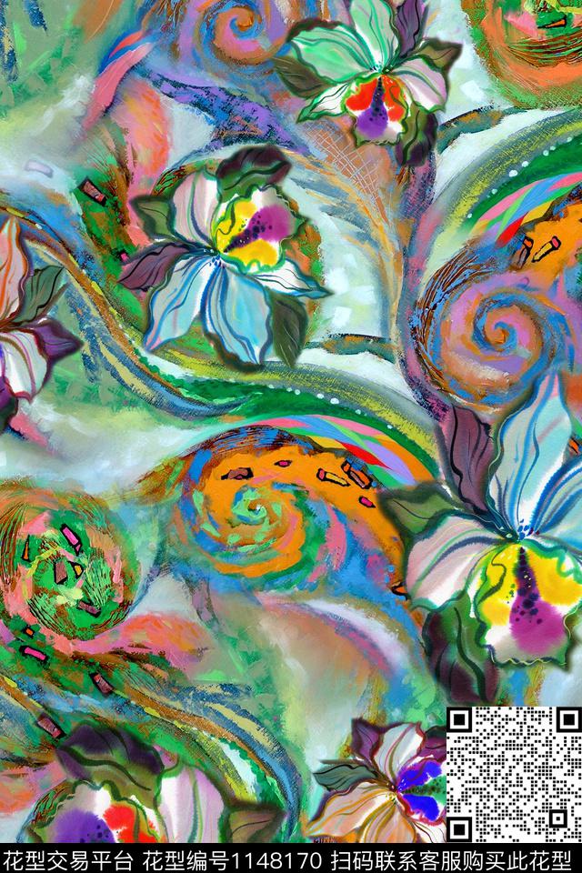 抽象水彩花卉数码印花华亿平台下载（图片编号: 1148170） - 瓦栏（Walan）