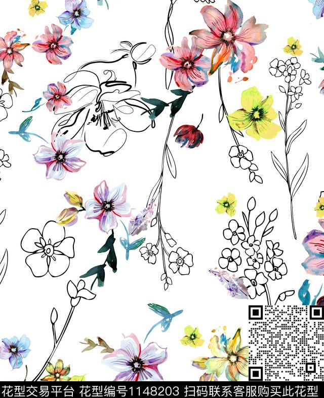 水彩花卉手绘花卉休闲数码印花华亿平台下载（图片编号: 1148203） - 瓦栏（Walan）