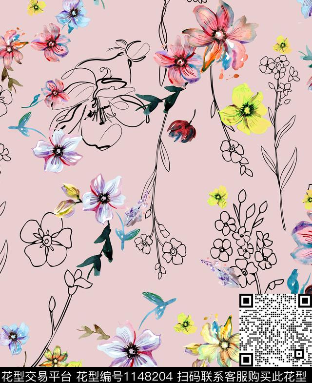 水彩花卉手绘花卉休闲数码印花华亿平台下载（图片编号: 1148204） - 瓦栏（Walan）
