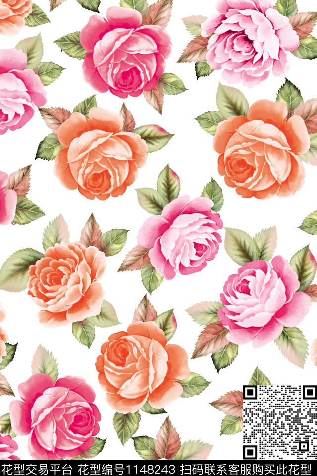 手绘大花手绘玫瑰古典花纹数码印花华亿平台下载（图片编号: 1148243） - 瓦栏（Walan）