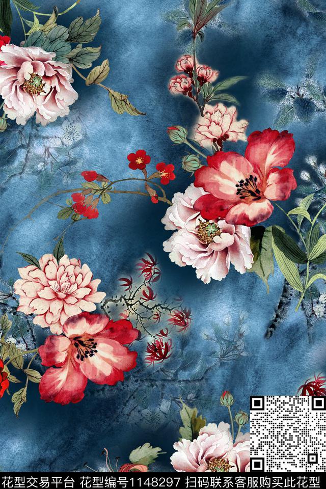 花卉中国风渐变数码印花华亿平台下载（图片编号: 1148297） - 瓦栏（Walan）