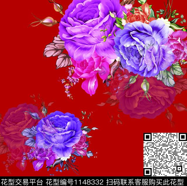 手绘大花奢华水彩花卉数码印花华亿平台下载（图片编号: 1148332） - 瓦栏（Walan）