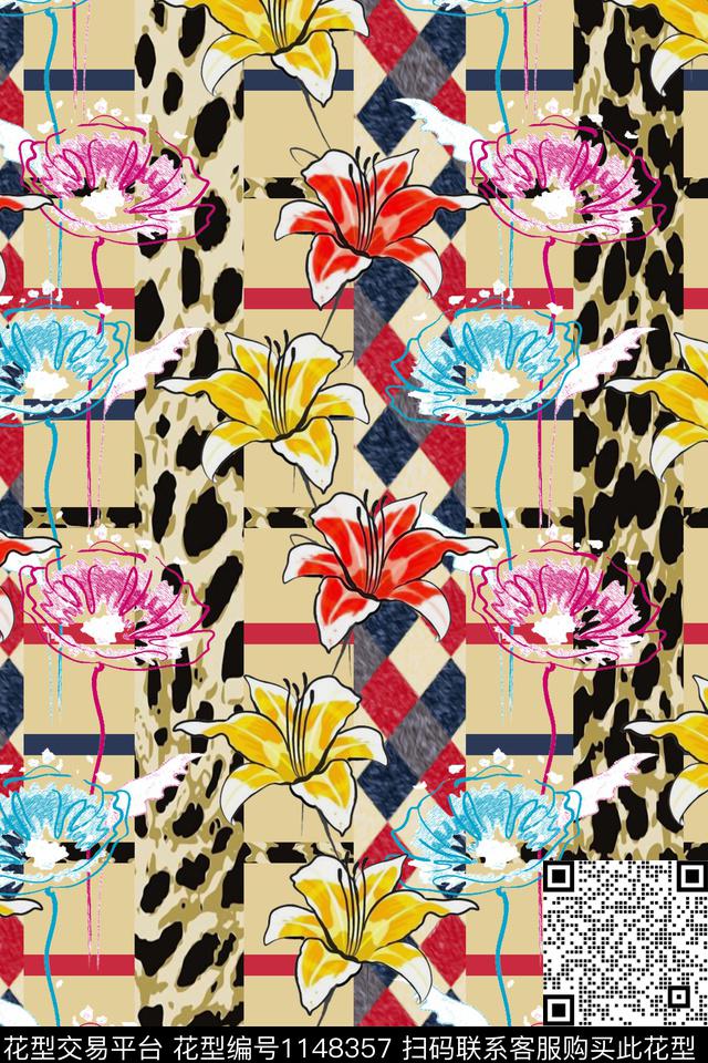 抽象豹纹格子数码印花华亿平台下载（图片编号: 1148357） - 瓦栏（Walan）