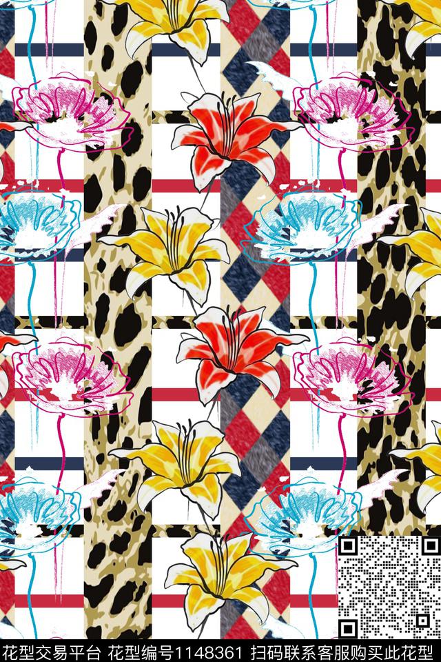抽象豹纹格子数码印花华亿平台下载（图片编号: 1148361） - 瓦栏（Walan）