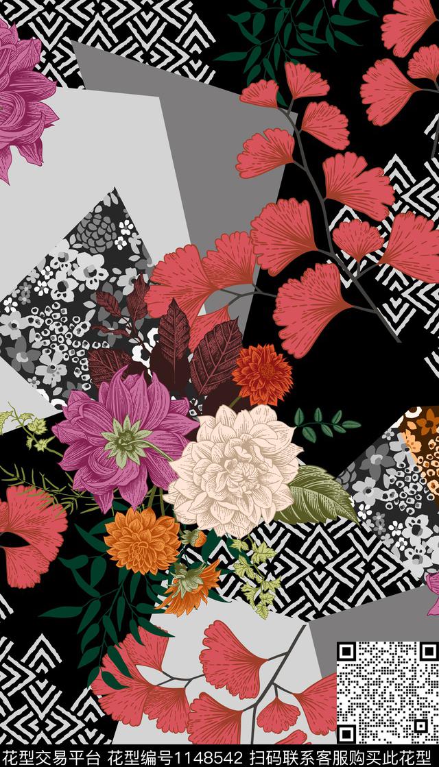 几何花卉混合拼接数码印花华亿平台下载（图片编号: 1148542） - 瓦栏（Walan）
