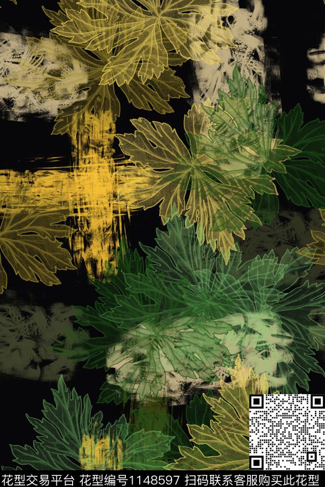 植物叶子组合男装休闲花卉数码印花华亿平台下载（图片编号: 1148597） - 瓦栏（Walan）