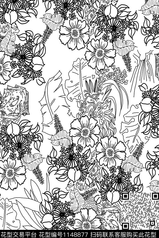 手绘花卉手绘大花女装传统印花华亿平台下载（图片编号: 1148877） - 瓦栏（Walan）