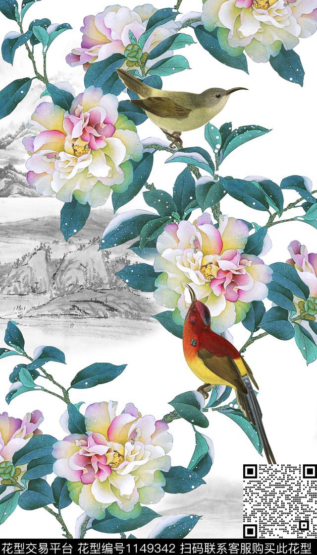 鸟水彩花卉数码印花华亿平台下载（图片编号: 1149342） - 瓦栏（Walan）