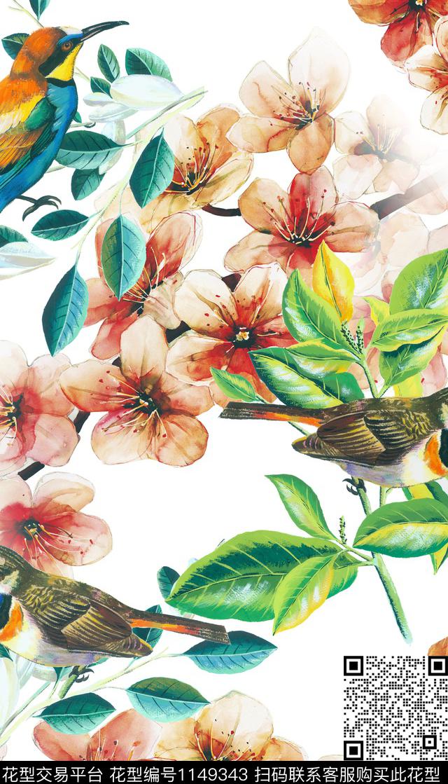 鸟水彩花卉数码印花华亿平台下载（图片编号: 1149343） - 瓦栏（Walan）