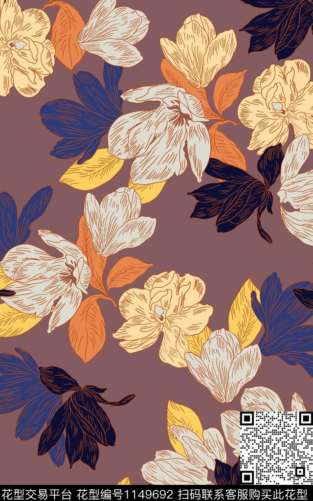 手绘花卉抽象花卉素描数码印花华亿平台下载（图片编号: 1149692） - 瓦栏（Walan）
