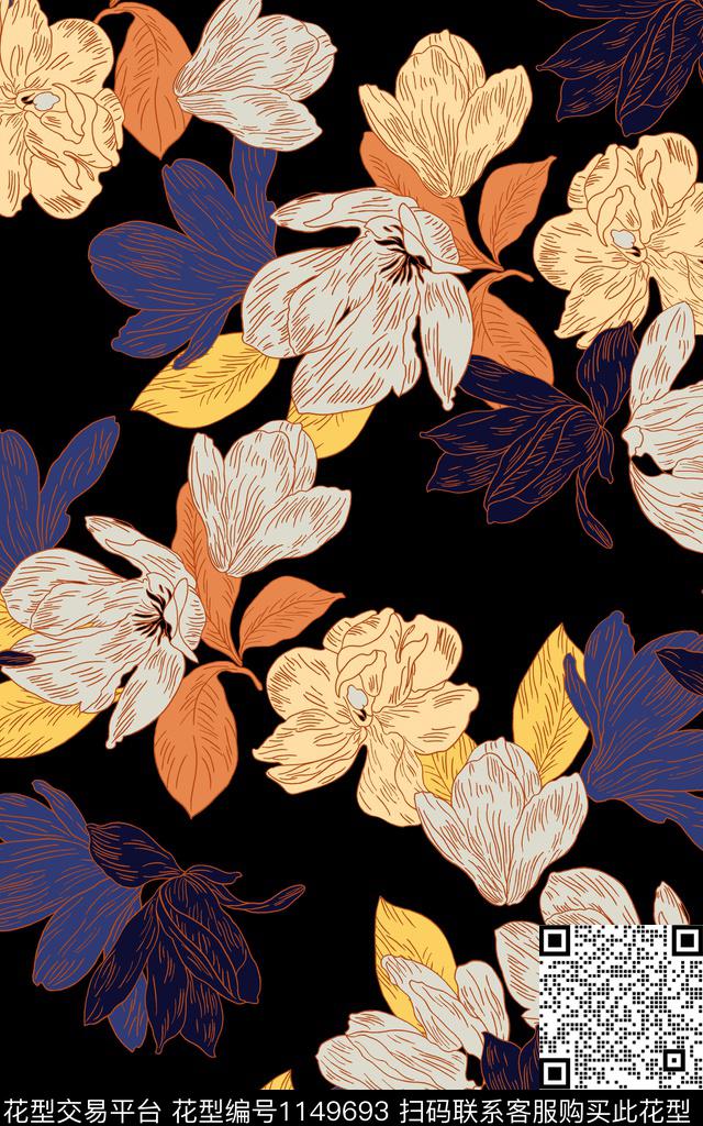 手绘花卉抽象花卉线稿数码印花华亿平台下载（图片编号: 1149693） - 瓦栏（Walan）