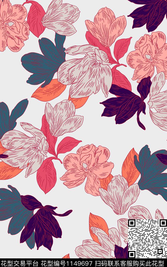 手绘花卉抽象花卉素描数码印花华亿平台下载（图片编号: 1149697） - 瓦栏（Walan）